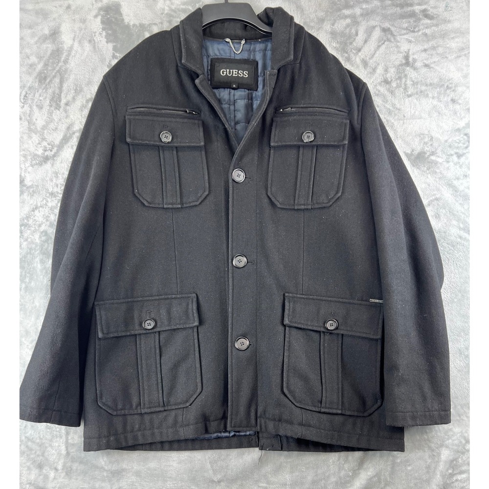 Guess Mens Black‎ Wool Blend Field Jacket Quilted Lined Button Coat XL